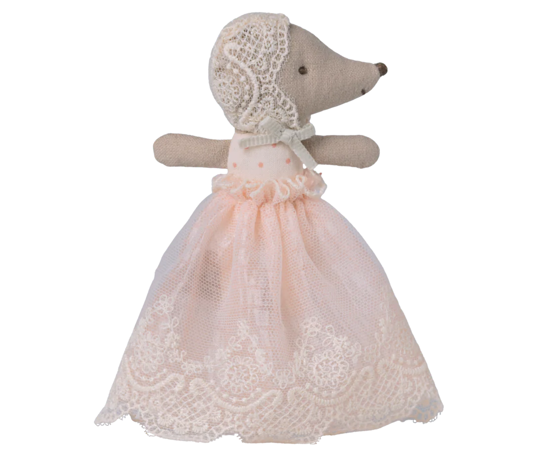 Jucarii creative - accesorii maileg - jucarie textila - Șoricel în rochie de botez, roz