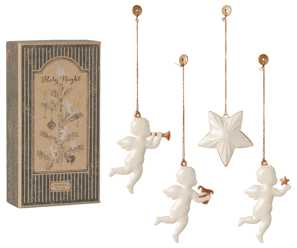 Branduri - accesorii maileg craciun - Set cadou ornamente metalice - Noapte sfântă - Alb-gălbui