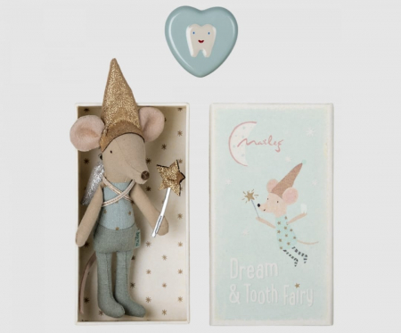 Produse - Jucarie textila - Tooth fairy mouse in matchbox -Blue