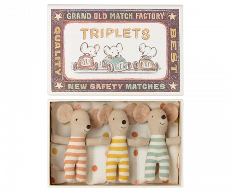 Produse - Jucărie textilă, Triplets, Baby mice in matchbox - Maileg
