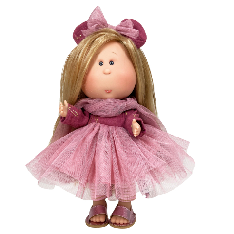 Reducerile de primavara - Papusa Nines D'Onil, Mia, cu parul blond si funda roz, cu articulatii, cu miros de vanilie, 30 cm