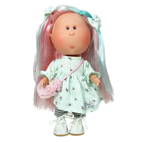 Reducerile de primavara - Papusa Nines D'Onil, Mia, cu parul roz si suvite verzi, cu articulatii, cu miros de vanilie, 30 cm