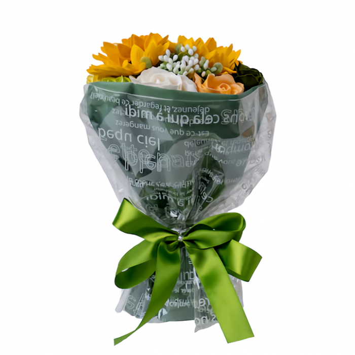Buchet multicolor 11 Trandafiri si Floarea soarelui din sapun, verde [2]