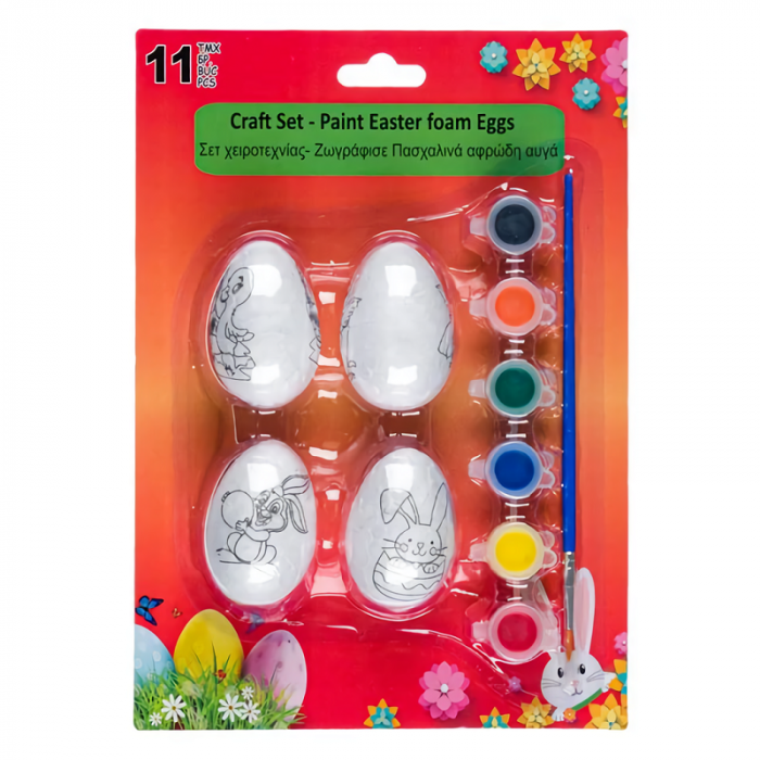 Set creatie 4 oua polistiren, 6 culori si pensula si punga model Iepuras [2]