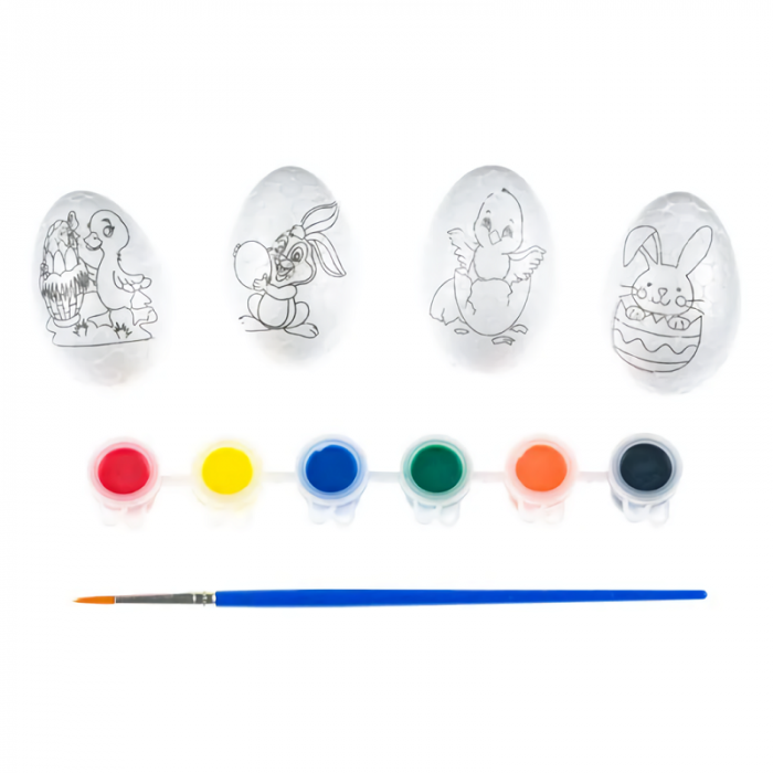 Set creatie 4 oua polistiren, 6 culori si pensula si punga model Iepuras [3]