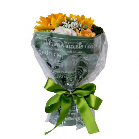 Buchet multicolor 11 Trandafiri si Floarea soarelui din sapun, verde [1]