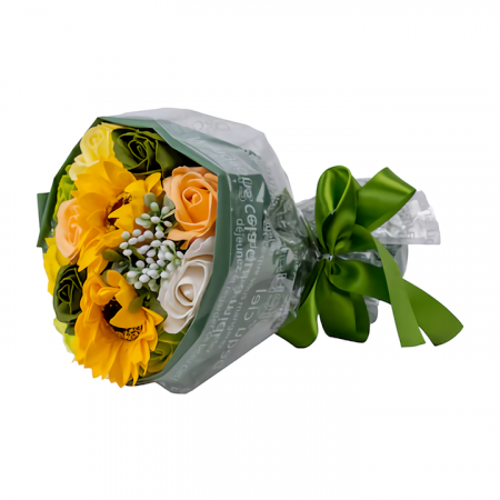 Buchet multicolor 11 Trandafiri si Floarea soarelui din sapun, verde [0]