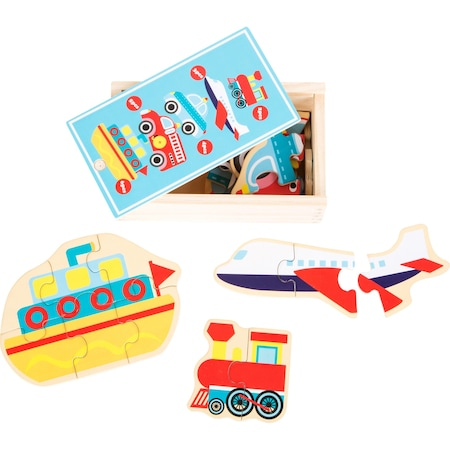 Lumea copiilor - Cutie cu puzzle mijloace de transport, Legler, 20 de piese