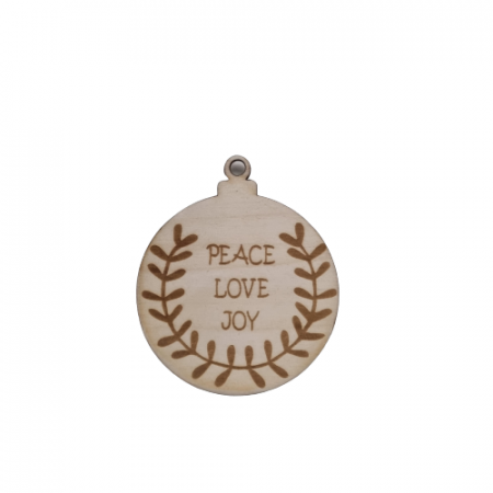 Figurine si decoratiuni Craciun - Decoratiune glob din lemn natur "Peace, Love, Joy", 9x9 cm
