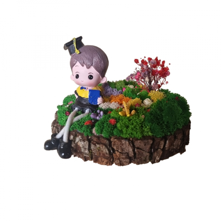 Decoratiune Primavara realizata pe felie de lemn, accesorizata cu licheni stabilizati, Absolvent, 20 cm [3]