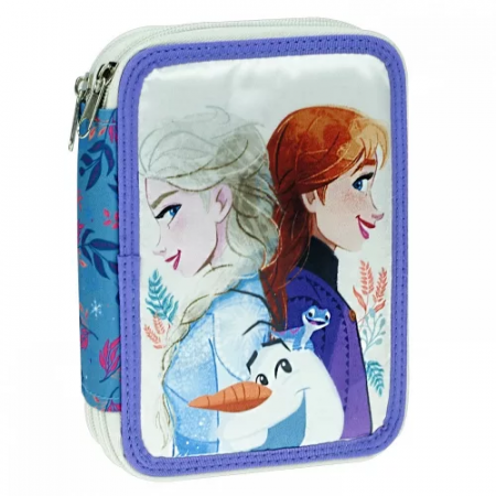 Penare - Penar echipat 27 piese Frozen, Anna, Elsa si Olaf, 2 compartimente, albastru, 18x15x4 cm