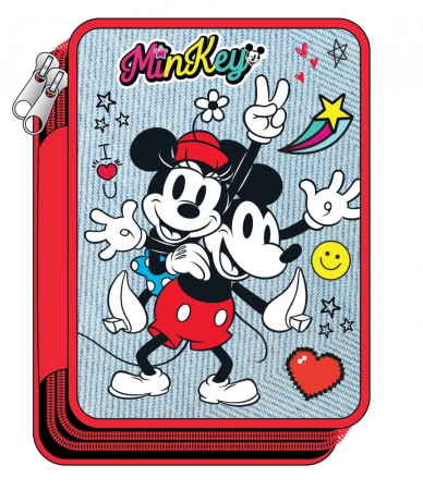 Lumea copiilor - Penar echipat 27 piese Minnie si Mickey, 2 compartimente, 12.5X19.5X4 cm