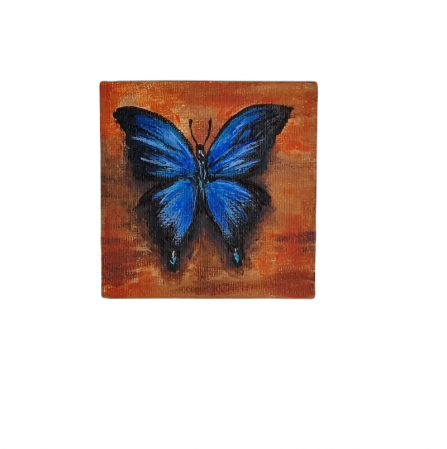 Cadouri Altfel - Pictura pe suport de lemn, Fluture albastru, 7.5 x 7.5 cm