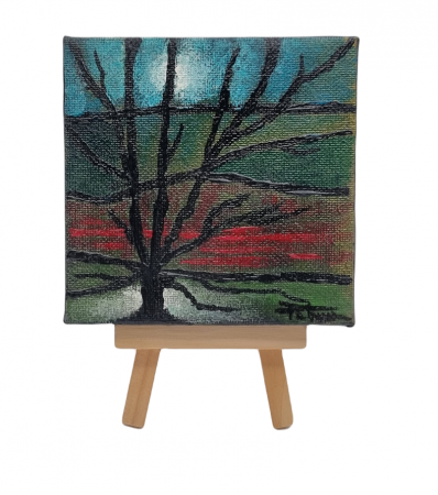 Cadouri Altfel - Pictura pe panza si sevalet din lemn, Luna printre ramuri, 10 x 10 cm
