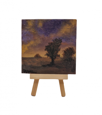 Cadouri Altfel - Pictura pe panza si sevalet din lemn, Copaci la apus, 10 x 10 cm