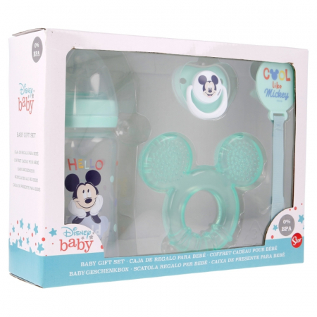 Set biberon cu tetina 240 ml, inel dentitie, suzeta ortodontica si suport pentru suzeta, Mickey Mouse [1]