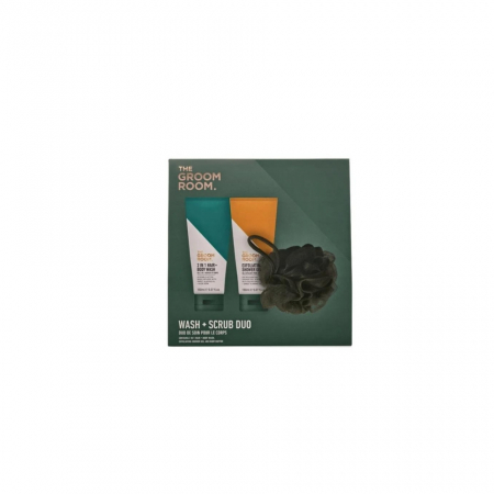 Geluri de dus pentru el - Set cosmetice The groom Room, gel de dus si exfoliant, 2x150 ml, si burete de baie