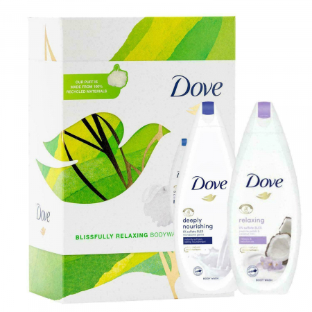 Set Dove Gel de dus Deeply Nourishing 225 ml, Gel de dus Relaxing 225 ml si puf de baie [0]