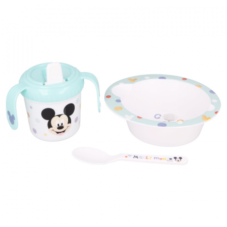 Lumea copiilor - Set hranire bebelusi, Mickey Mouse, cana antrenament 240 ml, bol si lingura