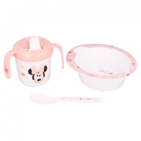 Lumea copiilor - Set hranire bebelusi, Minnie Mouse, cana antrenament 240 ml, bol si lingura