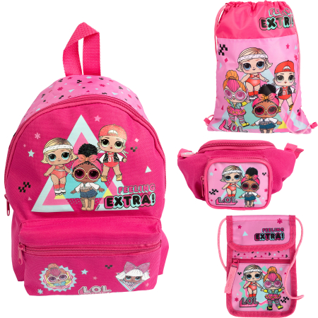 Ghiozdane - Set LOL Surprise, 4 piese, ghiozdan gradinita, borseta, sac sport si portofel, roz