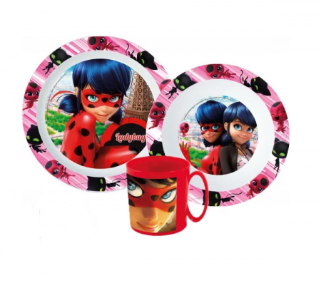 Lumea copiilor - Set mic dejun 3 piese Miraculous Ladybug, Microunde, farfurie, bol si cana