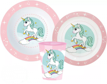 Lumea copiilor - Set mic dejun 3 piese Unicorn, Microunde, bol, farfurie si pahar
