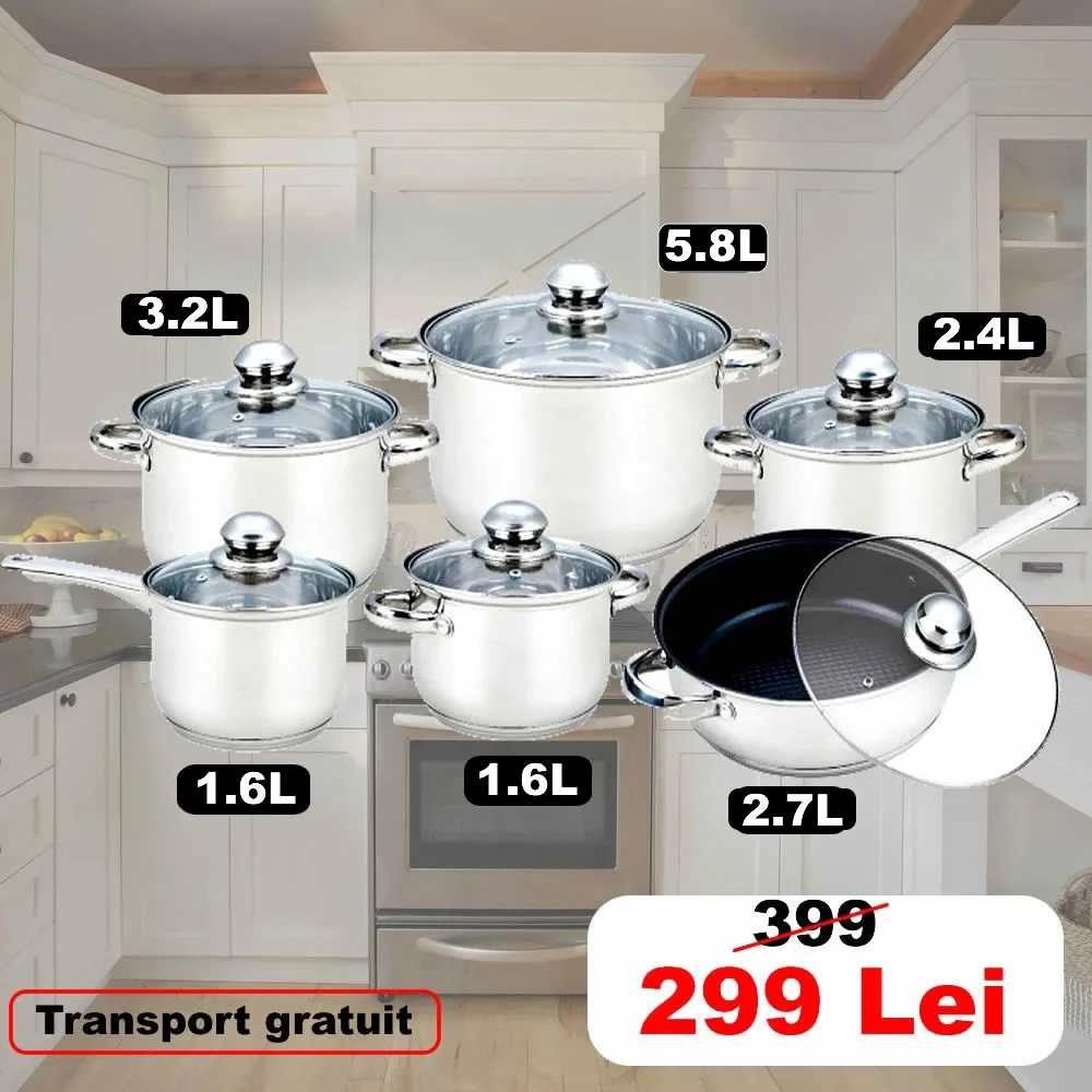 Bucatarie - Set 12 piese , 6 oale din inox,compatibile cu plita cu inductie, cu capace din sticla
