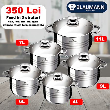 Produse - Set 5 oale inox Blaumann cu 5 capace sticla 4L 6L 7L 9L 11 L GAZ , INDUCTIE