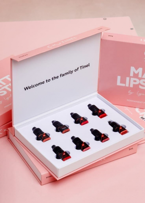 Set Matt Lipstick Tinel – cutie roz, vedere frontală, 8 pigmenți PMU pentru buze [2]