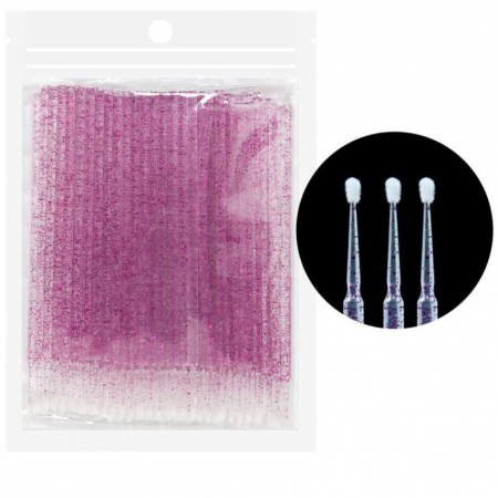 Perie pentru gene - Aplicator micro brush, sclipici roz, set de 100 buc
