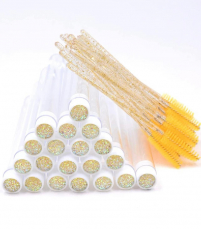 Perie pentru gene - Perii gene/sprâncene cu tub pentru depozitare, galben, set de 20 buc