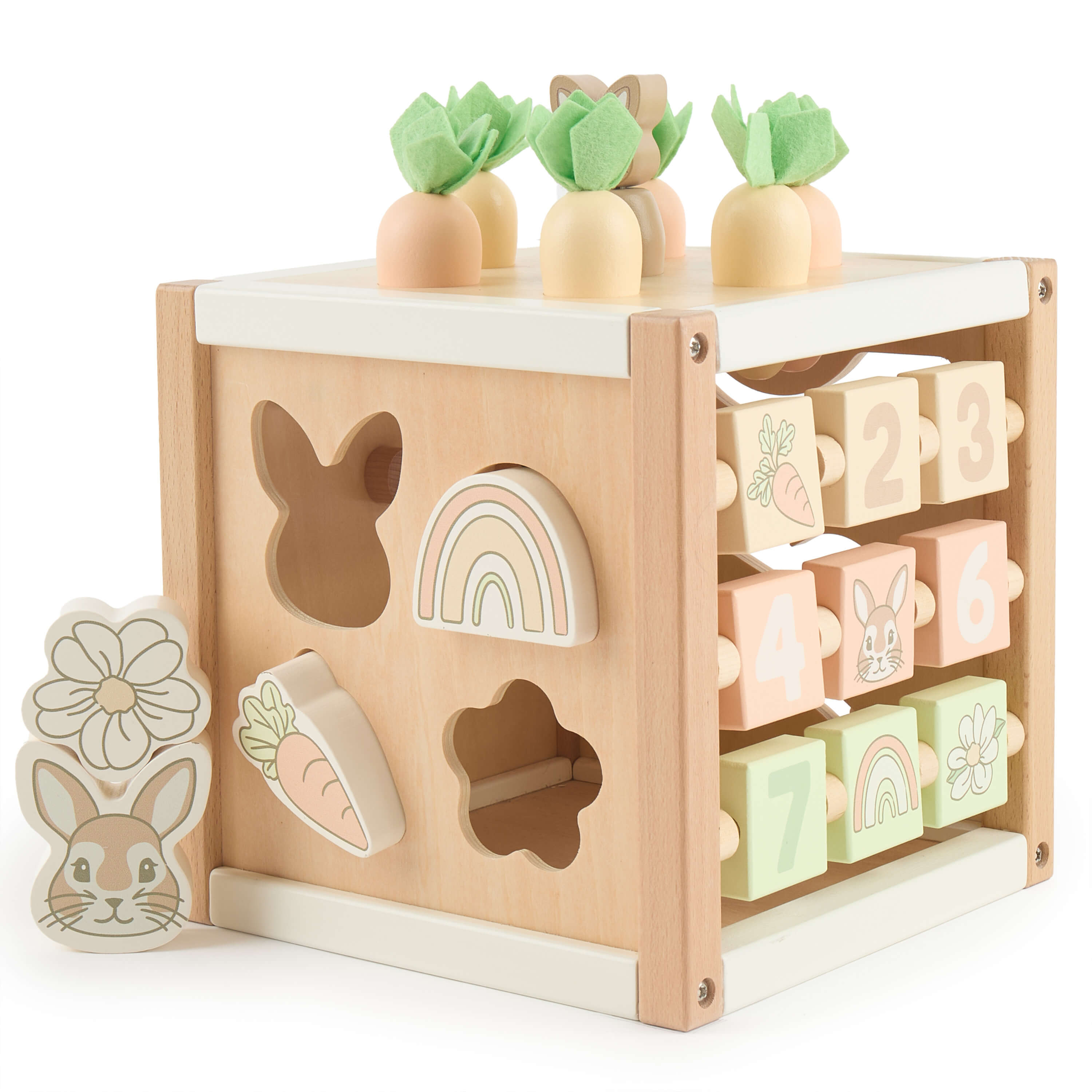 Cub cu activități Montessori din lemn pentru bebeluși 5 în 1 – Bunny Fine Bieco