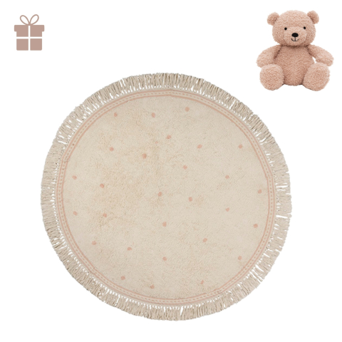 Covoare bebeluși și copii - Covor rotund Emma Dots Pink – Tapis Petit, crem cu buline roz 130 cm