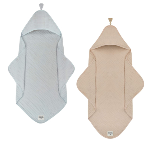 Produse - Set prosoape bebeluși din muselină organică Cashmere Blue, Almond - Babybello