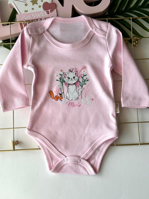 Body roz cu mânecă lungă pentru fetițe, 100% bumbac – imprimeu pisicuța Marie [2]