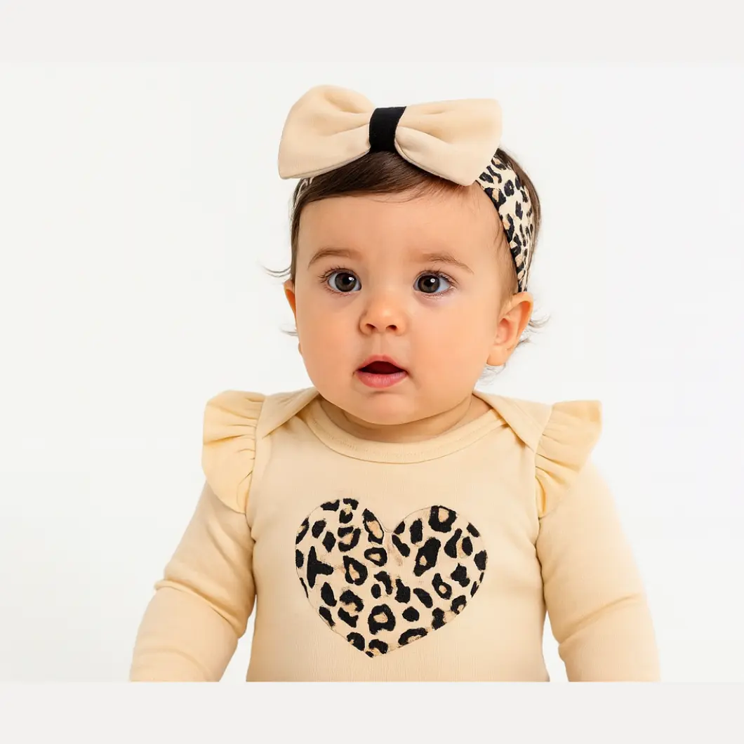 Compleu 2 piese fetițe bebeluși, body bej și pantaloni leopard, bentiță inclusă, 100% bumbac [3]