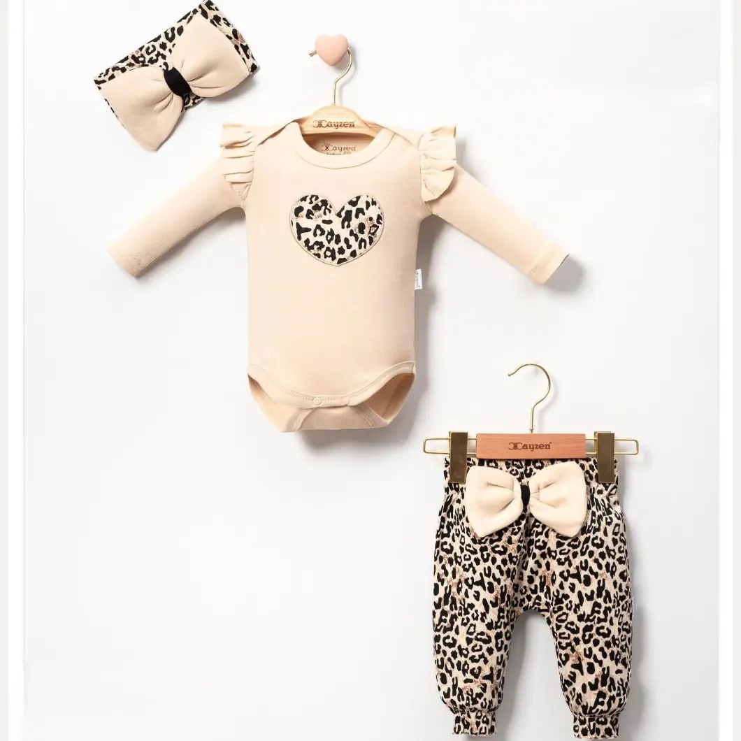 Compleu 2 piese fetițe bebeluși, body bej și pantaloni leopard, bentiță inclusă, 100% bumbac [2]