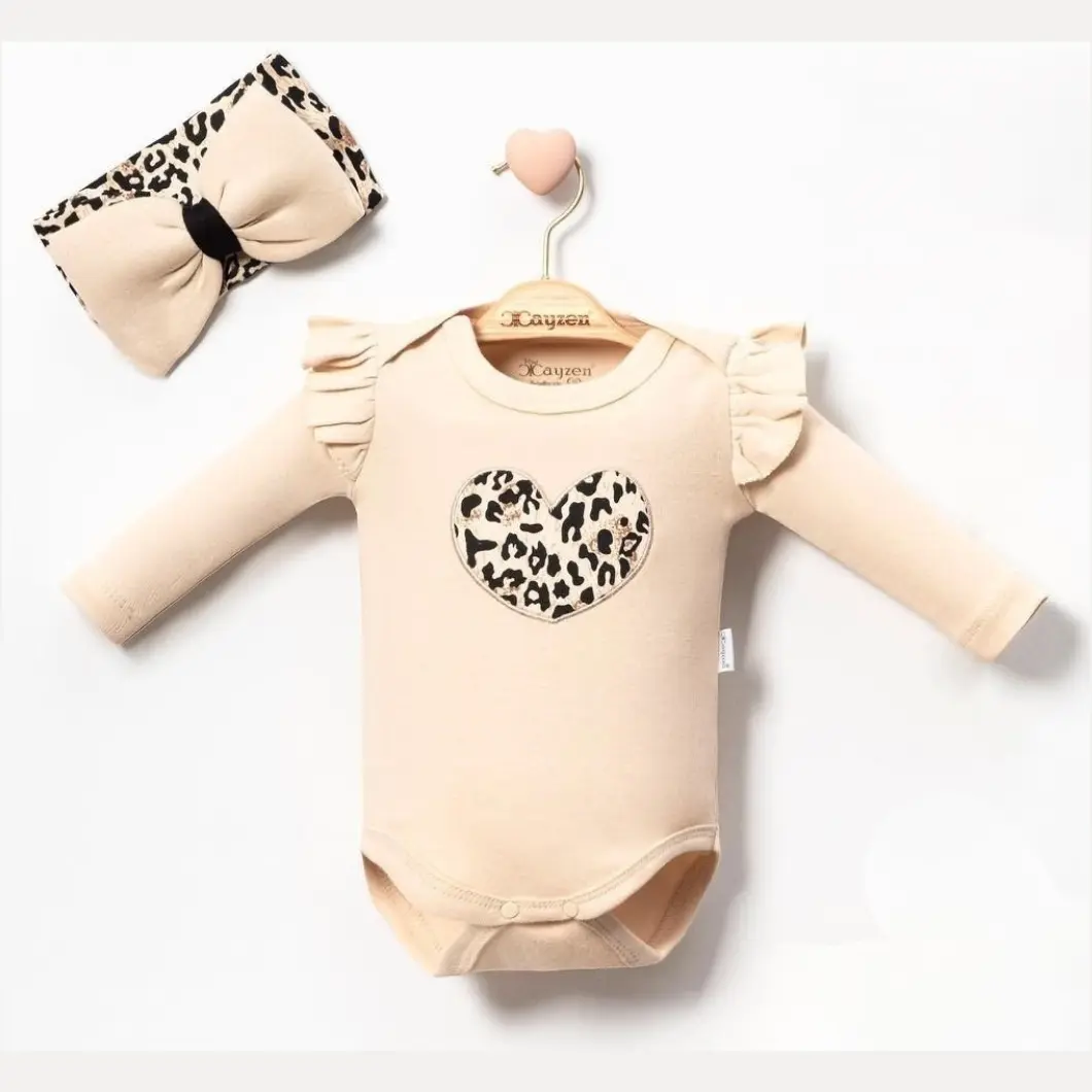 Compleu 2 piese fetițe bebeluși, body bej și pantaloni leopard, bentiță inclusă, 100% bumbac [5]