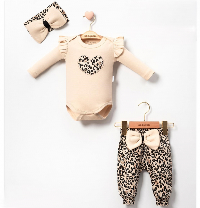 Compleu 2 piese fetițe bebeluși, body bej și pantaloni leopard, bentiță inclusă, 100% bumbac [1]