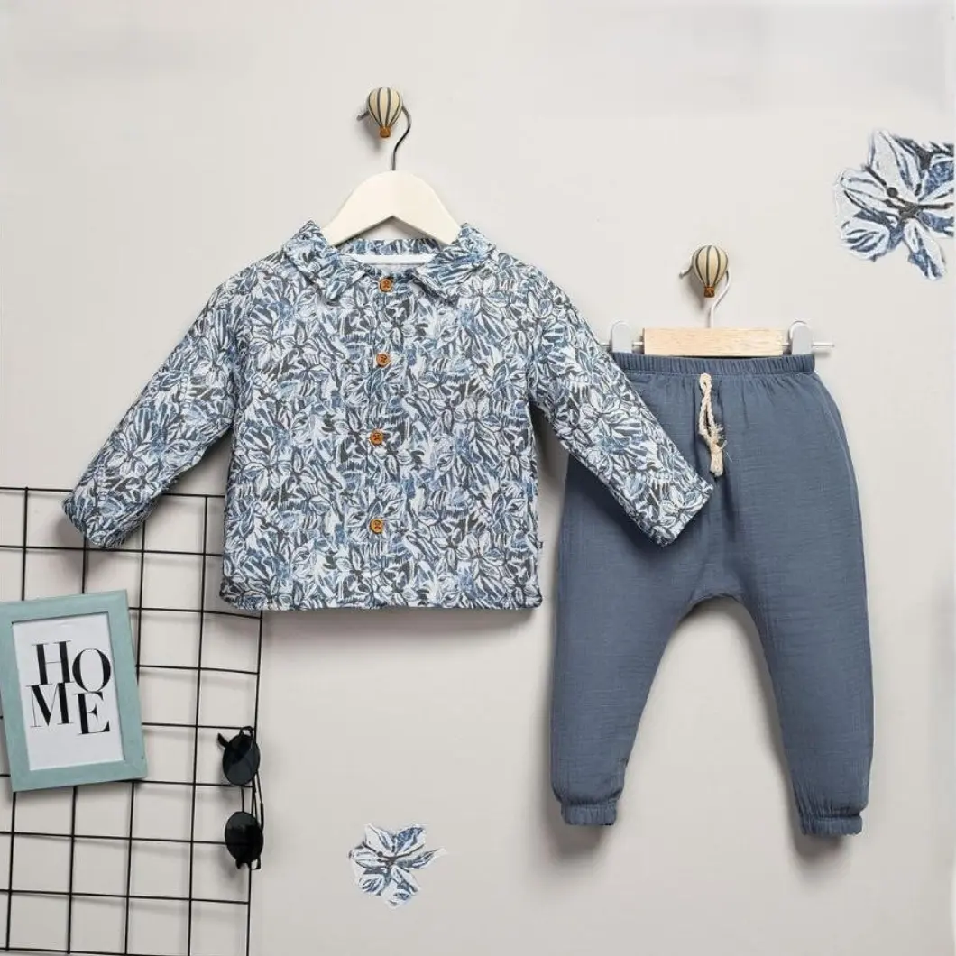 Compleu 2 Piese pentru Băieței, 100% Bumbac Muselină, Cămașă Florală și Pantaloni Gri Petrol [6]