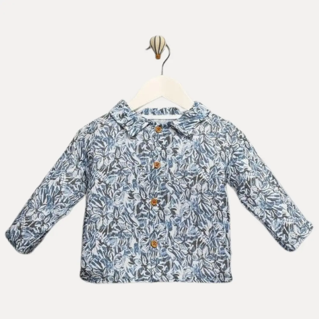 Compleu 2 Piese pentru Băieței, 100% Bumbac Muselină, Cămașă Florală și Pantaloni Gri Petrol [5]