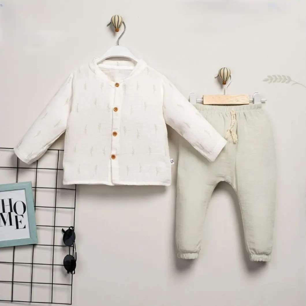 Compleu 2 Piese de Băieței, 100% Bumbac Muselină, Cămașă Ecru și Pantaloni Vernil [2]