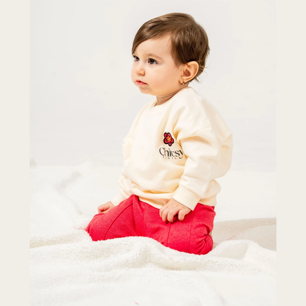 Compleu din Bumbac 2 Piese Fetițe Chicsy, Bluziță Crem, Pantaloni Roșu/Zmeură [3]