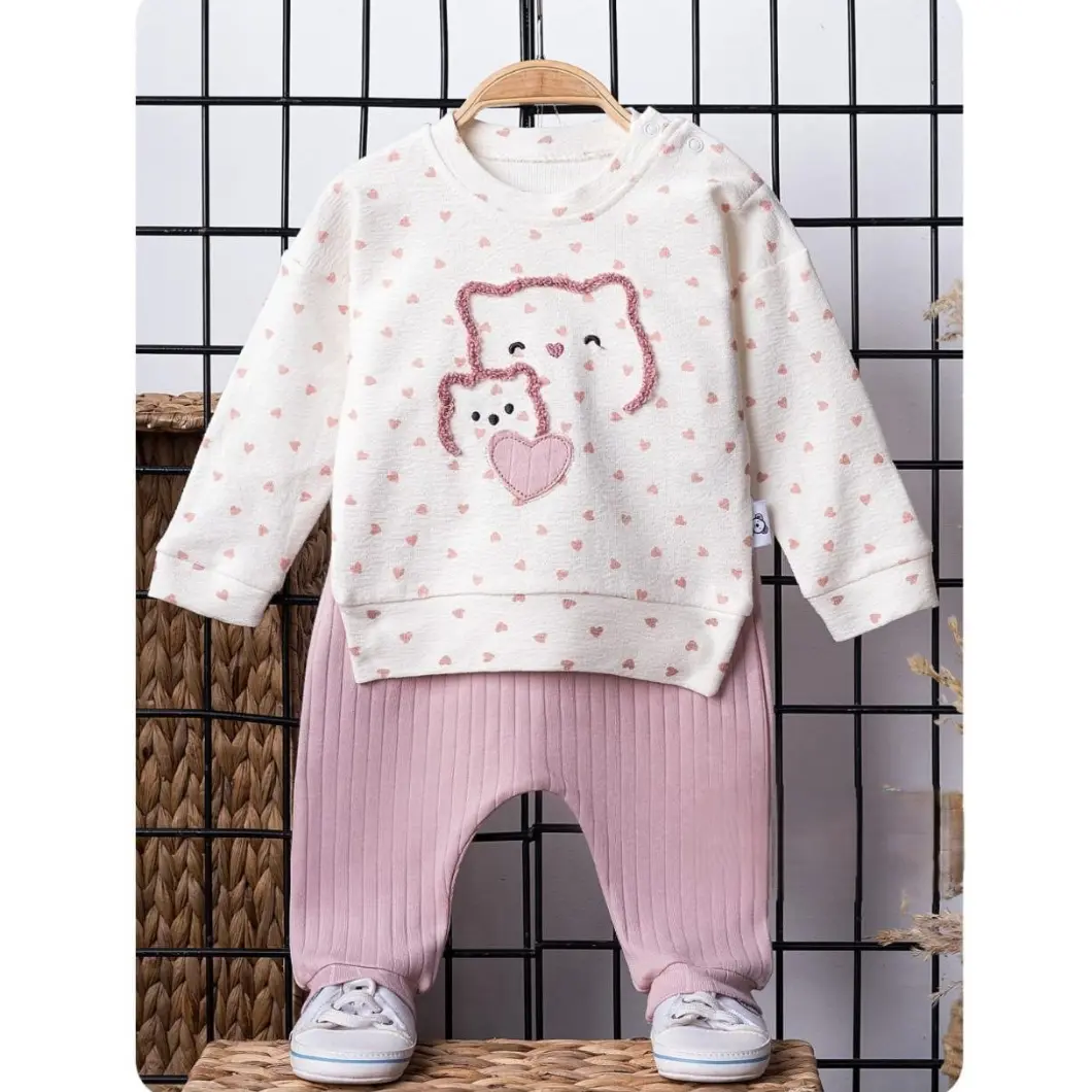 Set 2 piese fetițe – Bluza inimioare și pantaloni roz pudră [2]