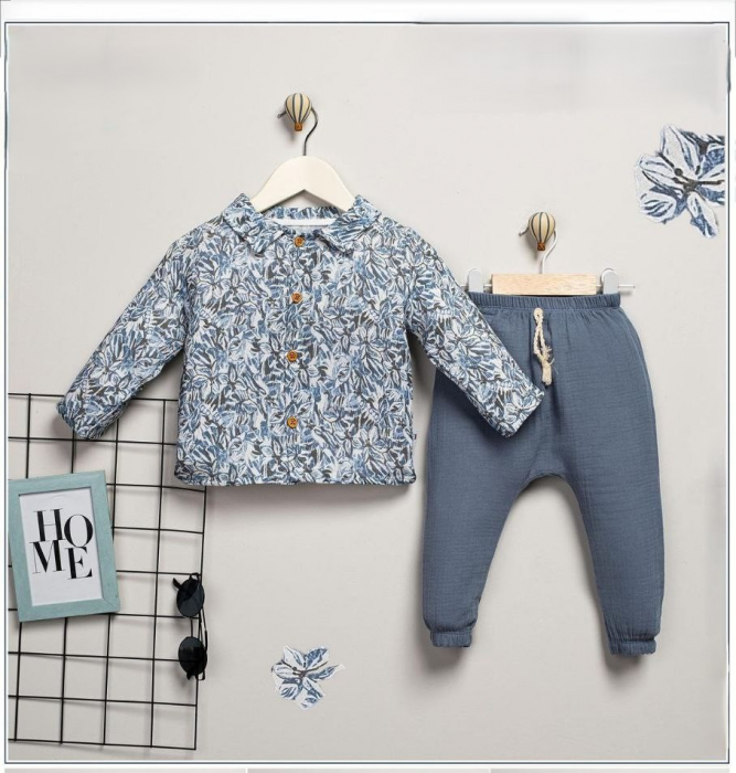 Compleu 2 Piese pentru Băieței, 100% Bumbac Muselină, Cămașă Florală și Pantaloni Gri Petrol [1]
