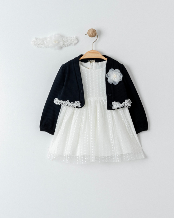 Rochiță albă din tull pentru fetițe cu bolero negru și bentită [1]