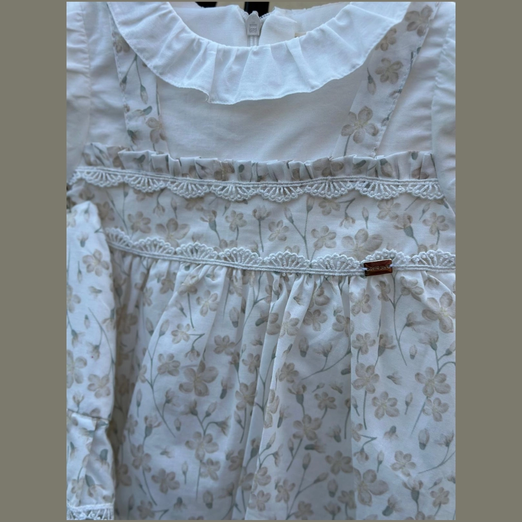 Rochiță cu Pălărie Fetițe - Organza Bej, Bumbac Organic, Floral, Jupă Tulle [7]