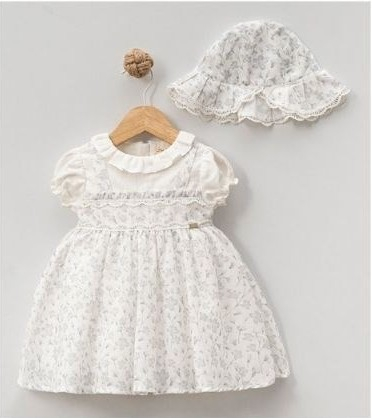 Rochiță cu Pălărie Fetițe - Organza Bej, Bumbac Organic, Floral, Jupă Tulle [10]