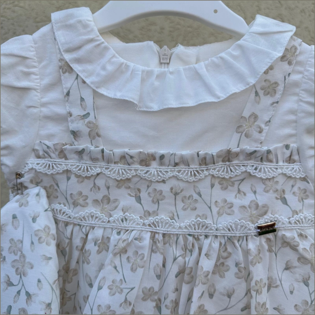 Rochiță cu Pălărie Fetițe - Organza Bej, Bumbac Organic, Floral, Jupă Tulle [3]
